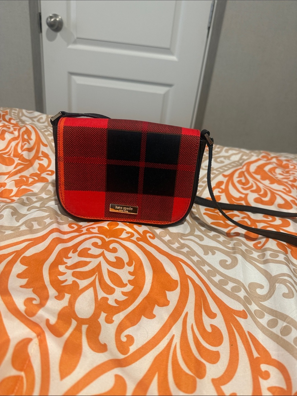kate spade Red and Black Plaid Crossbody Saddle Bag